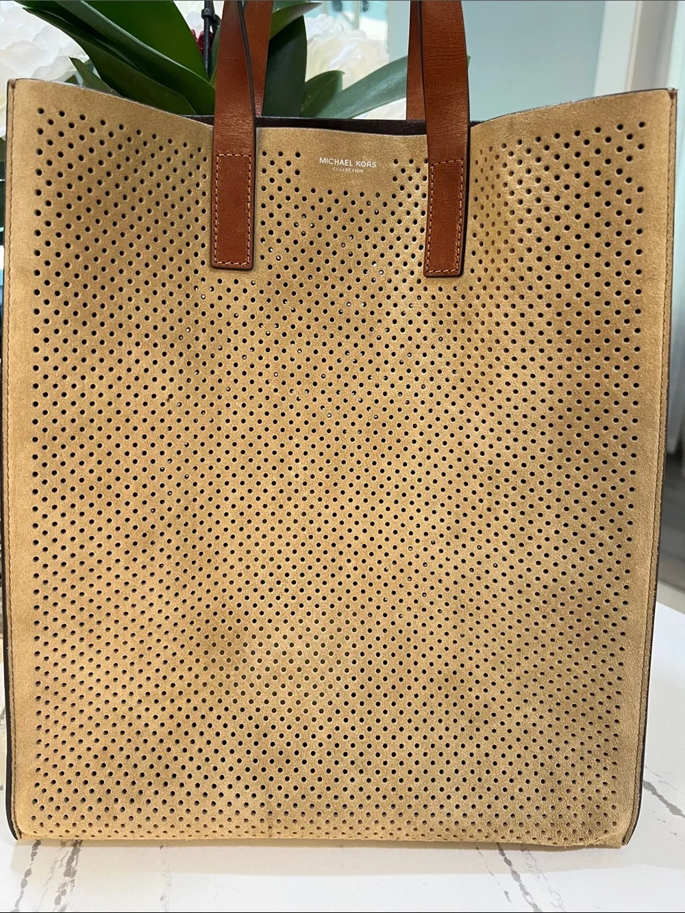 Michael Kors Collection Perforated Suede Tote in Tan with Brown Leather Handles